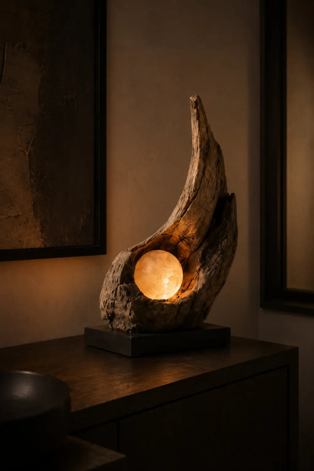 Organic Sculptural Wooden Lamp Emitting Cozy Warm White Light For Elegant Interior Spaces