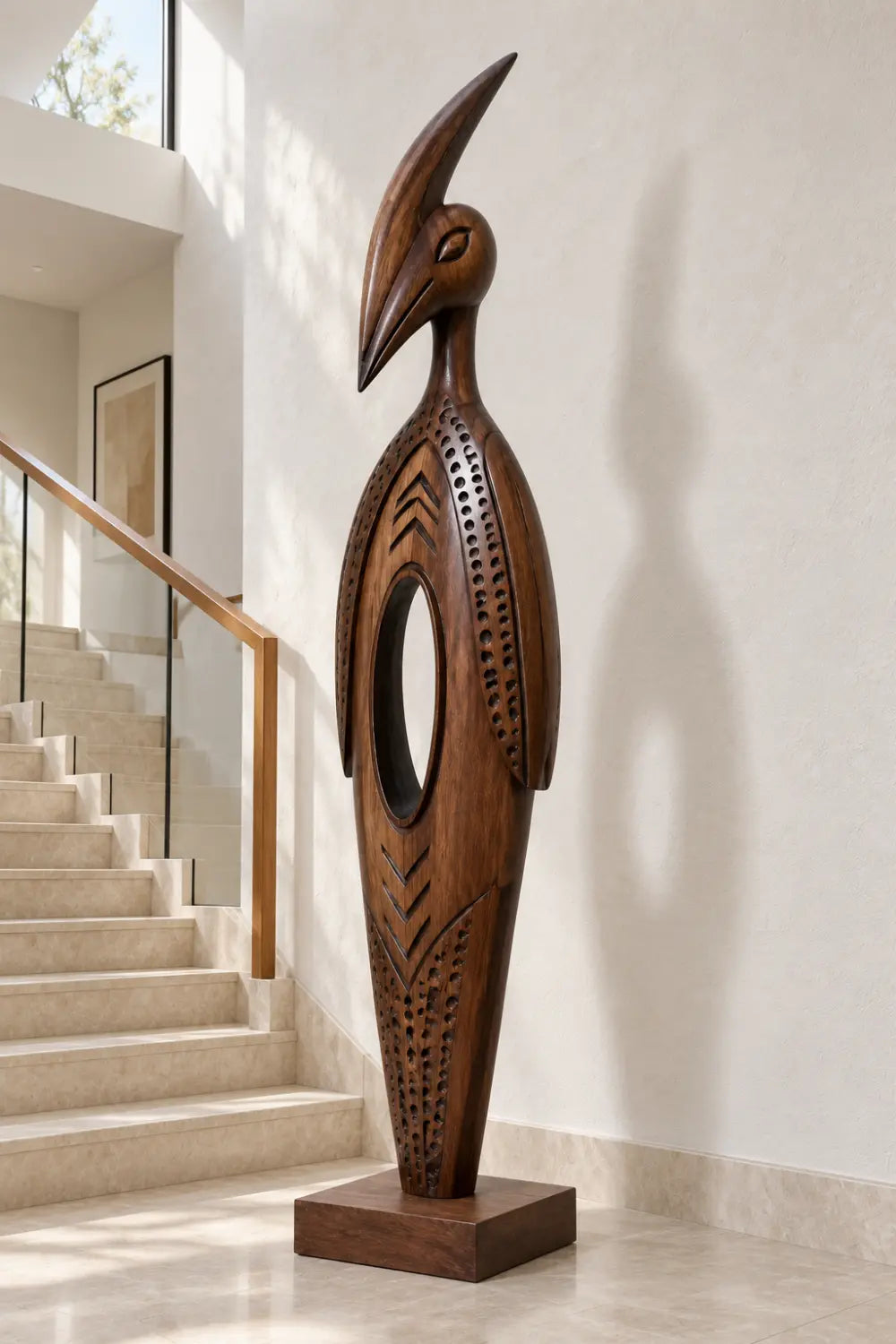 Large Abstract Wooden Bird Statue Modern Floor Sculpture For Home Office