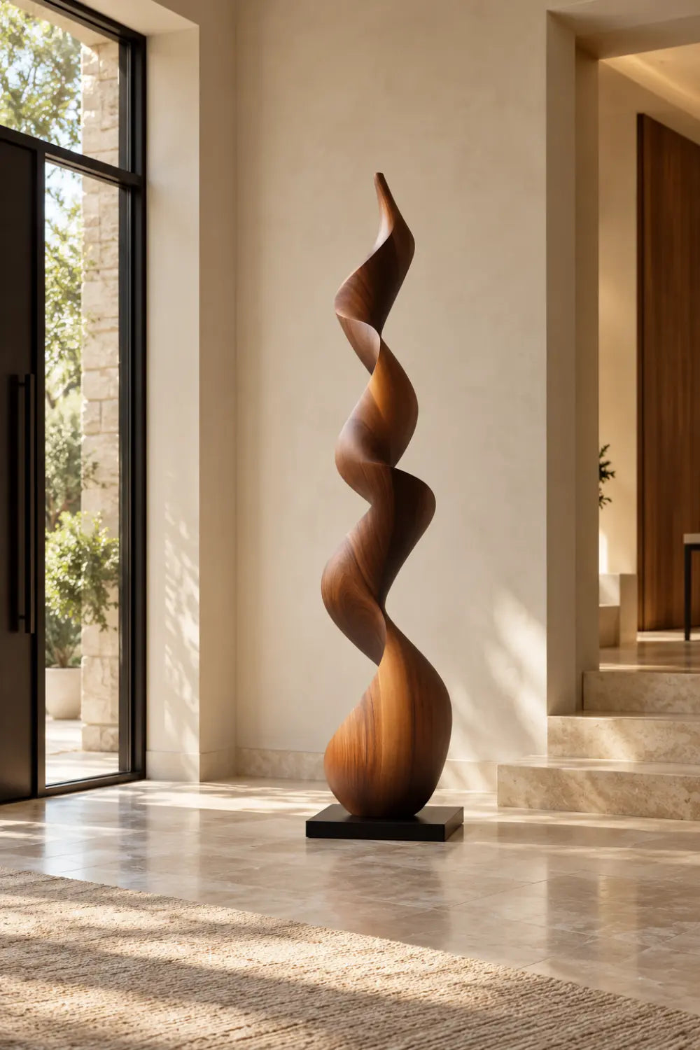 Large Walnut Wood Spiral Sculpture For Modern Living Room Freestanding Abstract Art