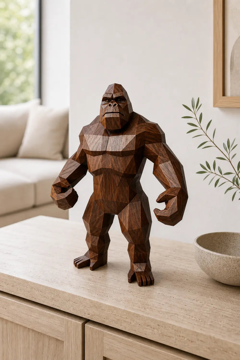 Hand Carved Wooden Gorilla Sculpture Modern Geometric Animal Decor For Living Room