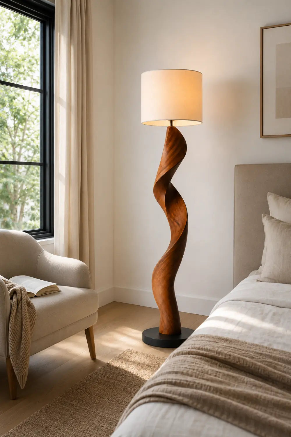 Modern Twisted Wooden Floor Lamp - Aesthetic Standing Light For Living Room Space