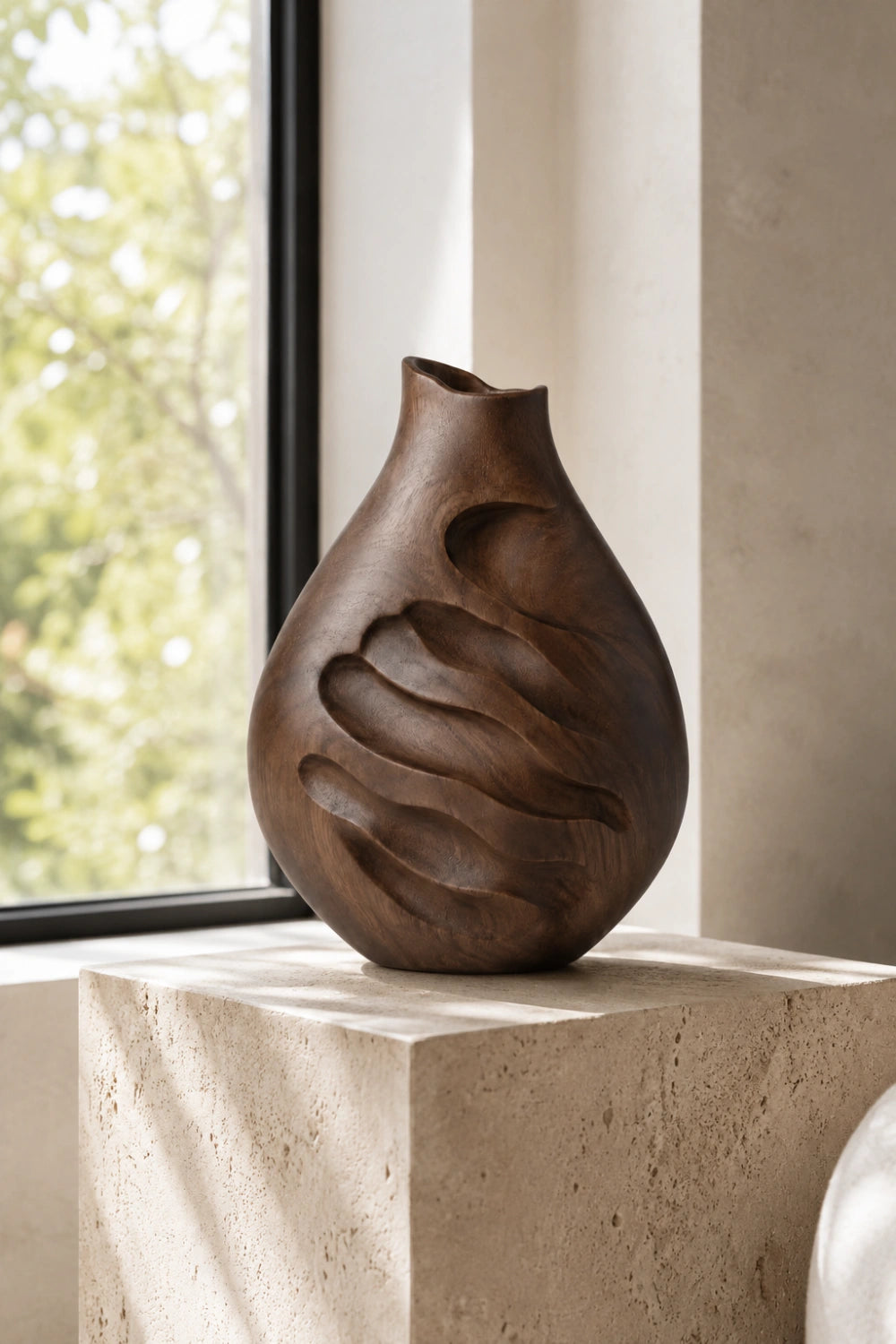 Modern Rustic Wooden Vase Unique Asymmetrical Gourd Shape Sculpture Accent Piece
