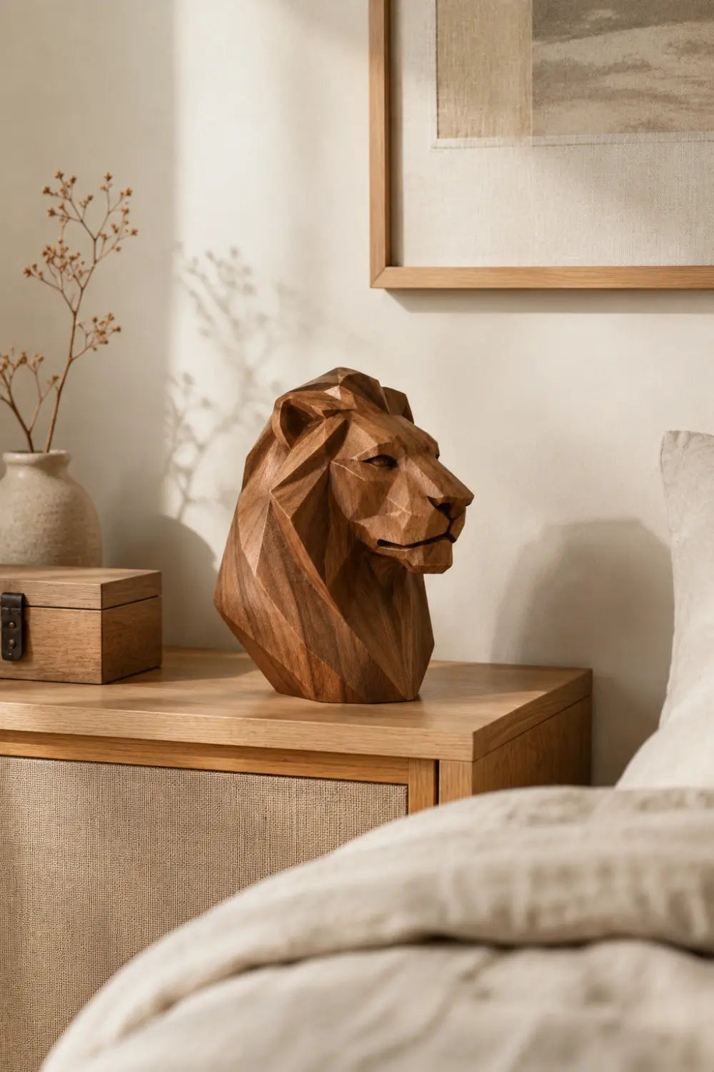 Hand-Carved Geometric Lion Head Sculpture In Walnut Wood For Modern Home Decor