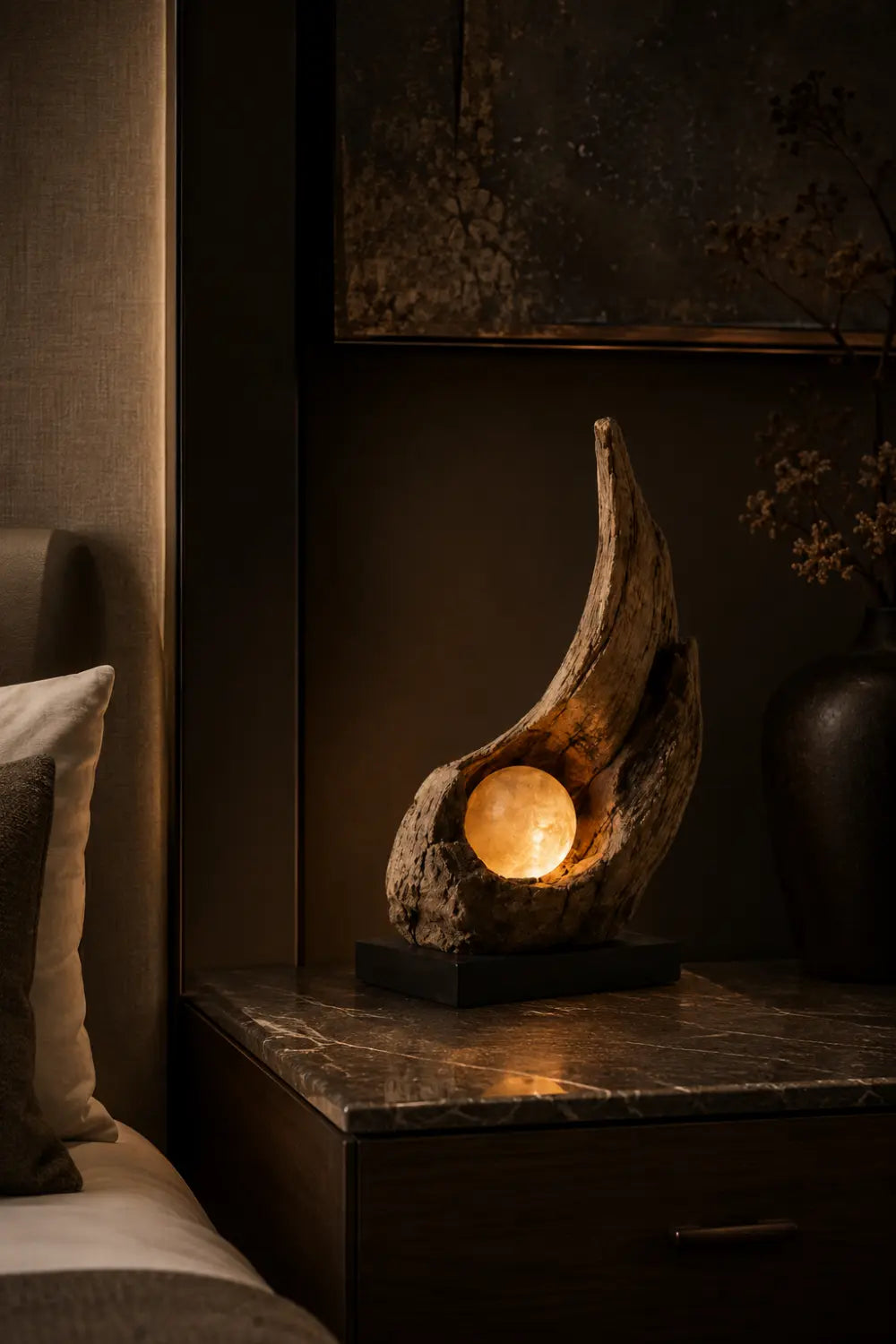 Organic Sculptural Wooden Lamp Emitting Cozy Warm White Light For Elegant Interior Spaces