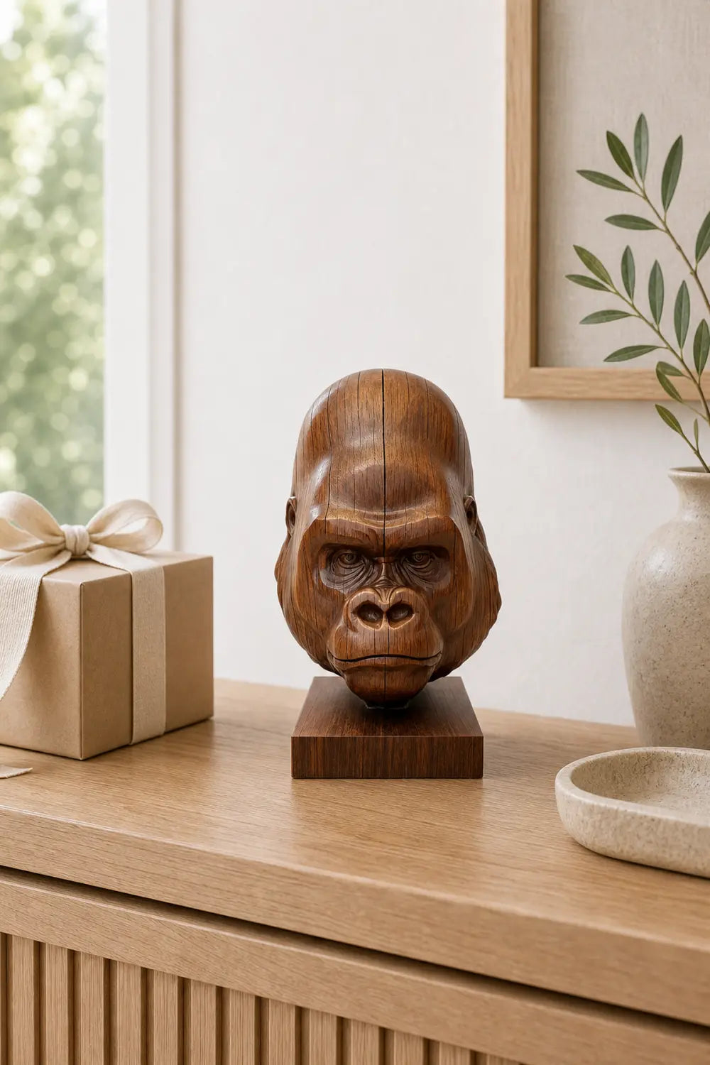 Hand Carved Walnut Gorilla Head Sculpture For Modern Home Decor And Shelf Display