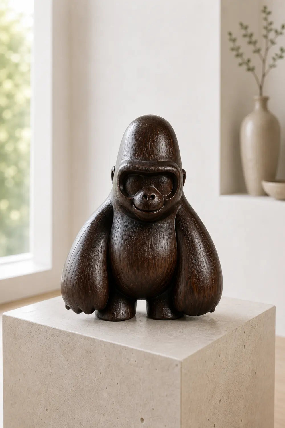 Hand-Carved Walnut Gorilla Sculpture For Modern Home Decor And Minimalist Interior Design