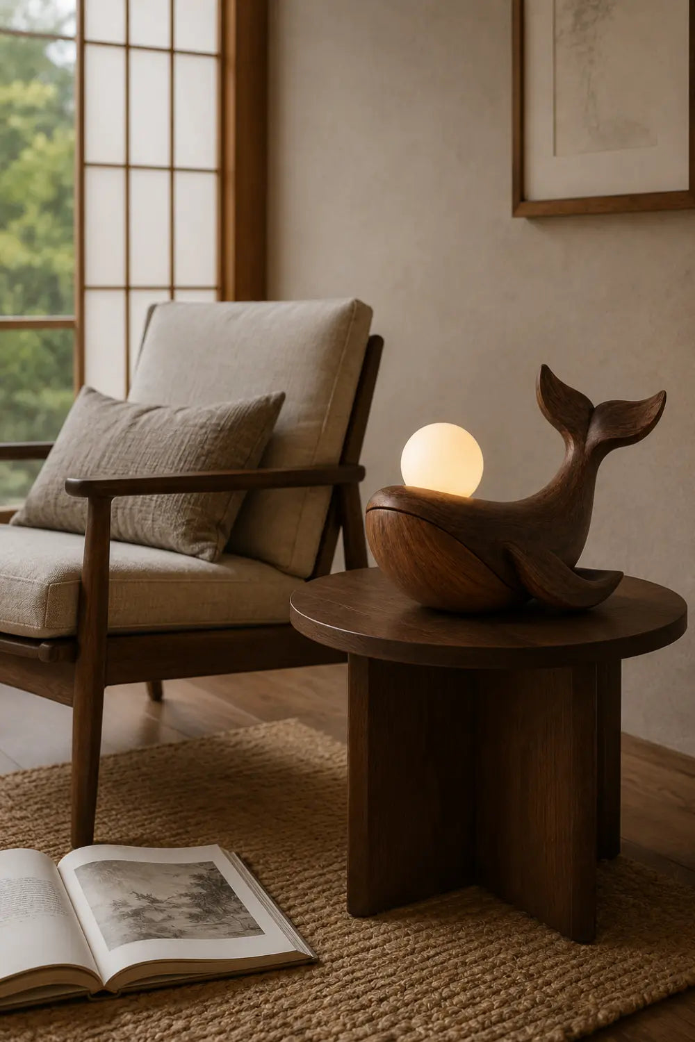 Solid Walnut Whale Sculpture Lamp Hand Carved Natural Wood Grain Tabletop Lighting