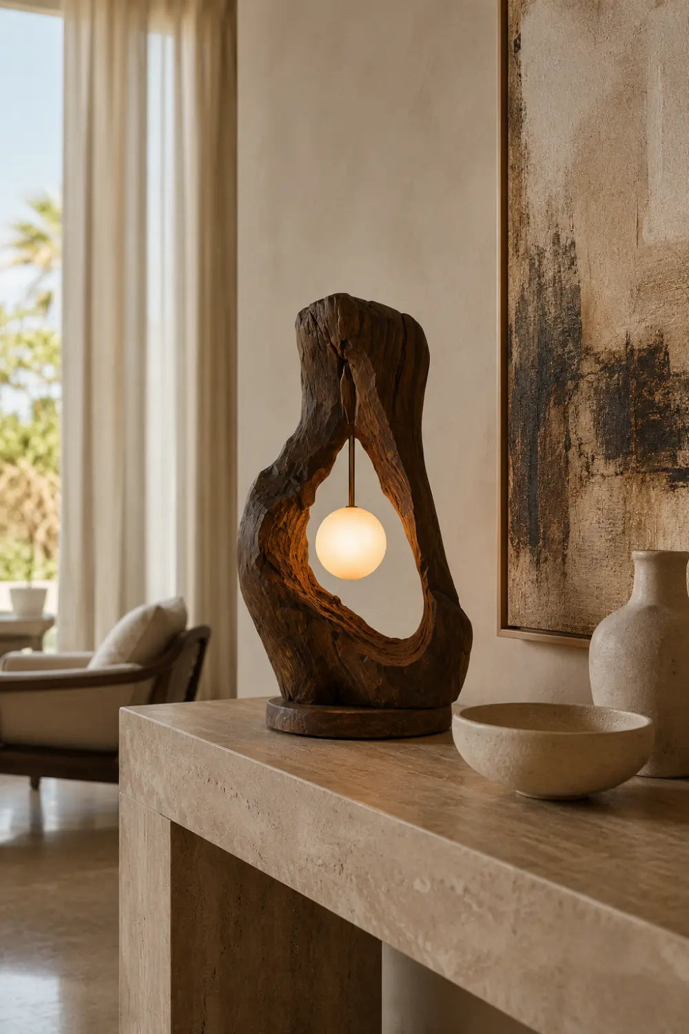 Rustic Raw Wood Cave Table Lamp | Organic Hollow Driftwood Light For Space Decor