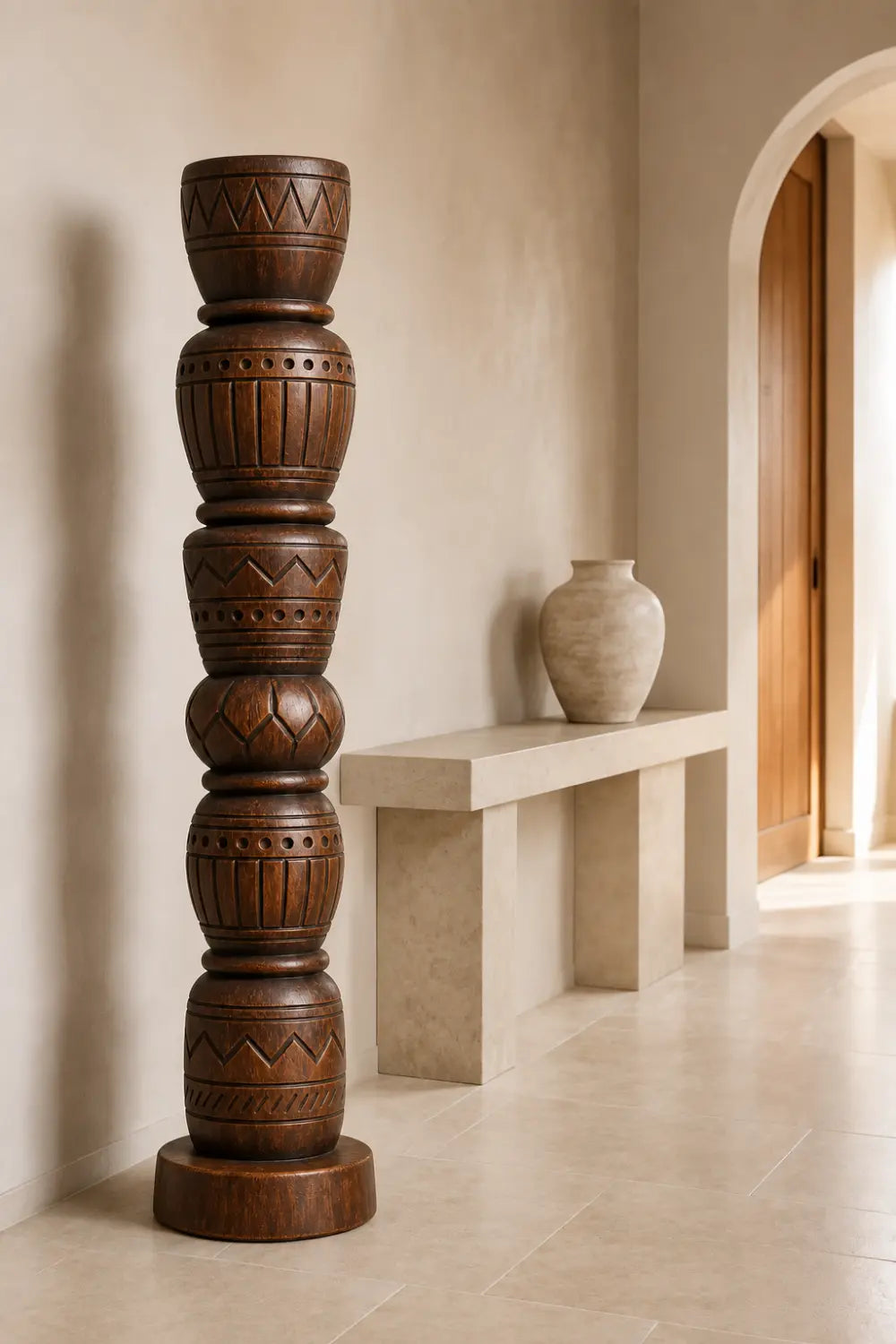 Stacked Geometric Wood Floor Sculpture | Tall Pillar Decor For Living Space