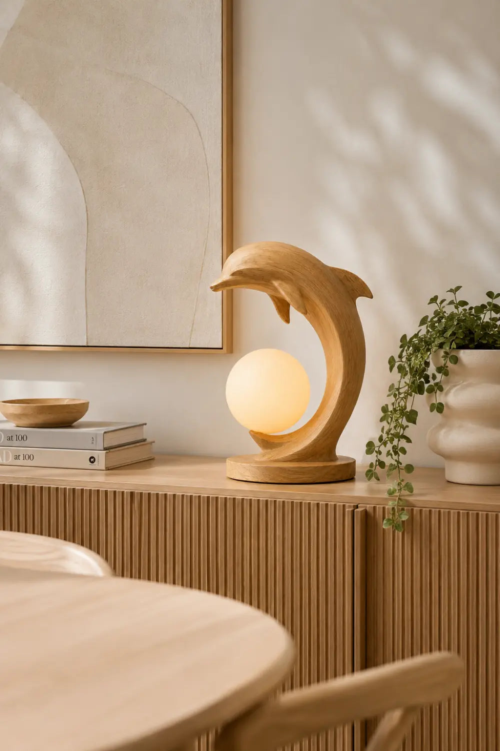 Natural Wood Dolphin Sculpture Lamp With Warm Light For Bedroom Or Study Desk Decoration