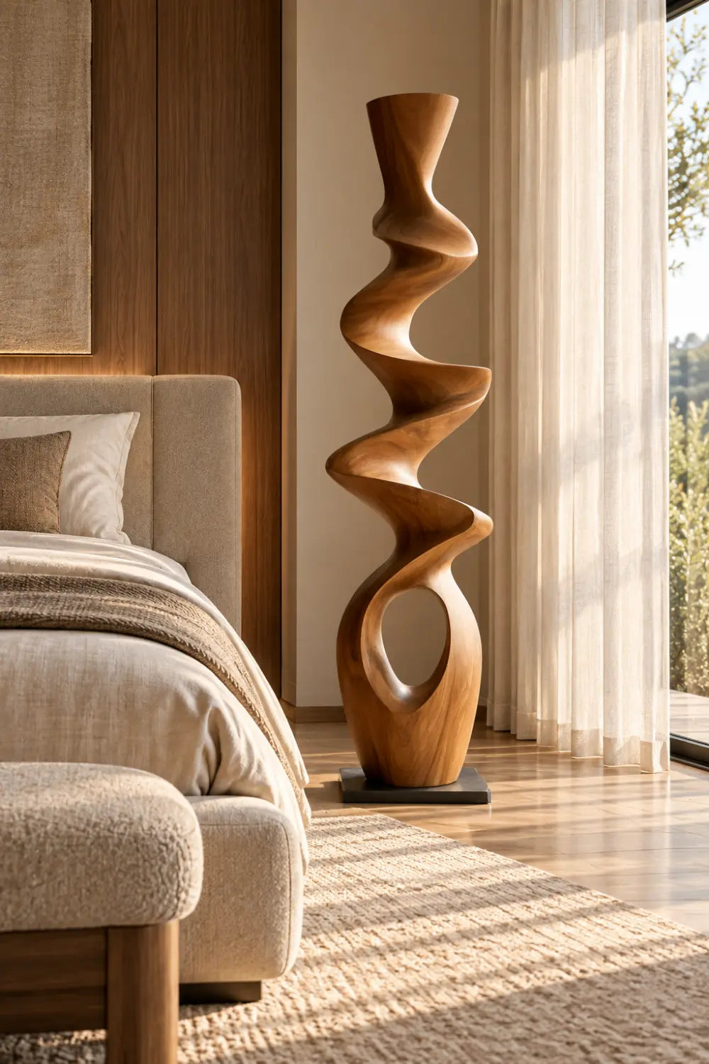 Swirling Wood Floor Sculpture | Tall Helical Statue For Living Space Decor