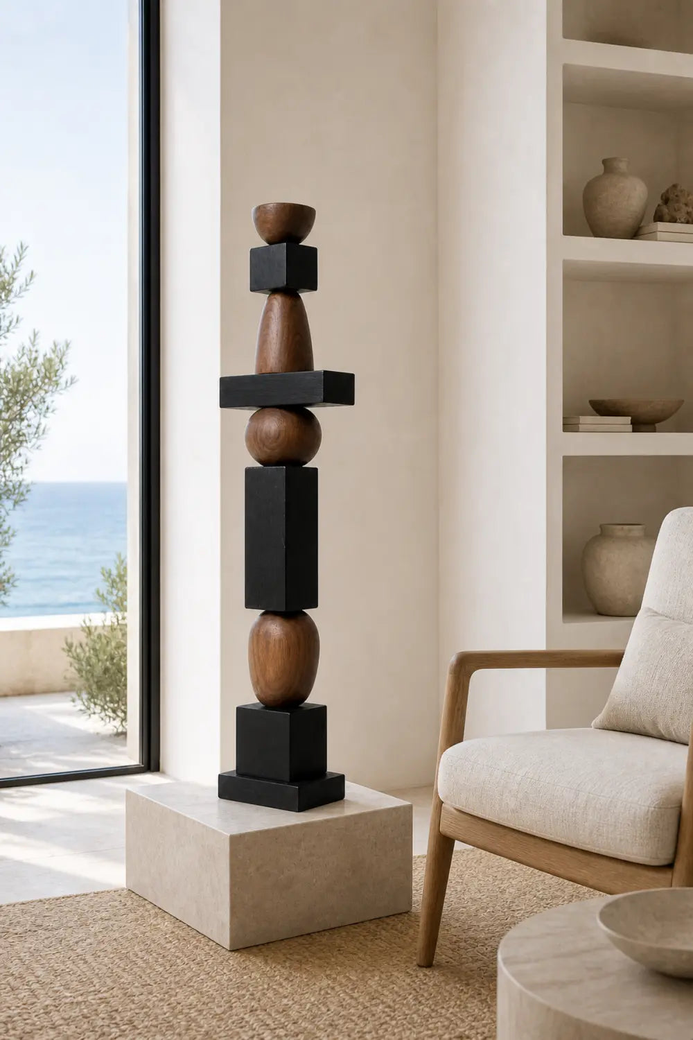 Large Geometric Wooden Sculpture For Minimalist Living Room Decor - Freestanding Abstract Art