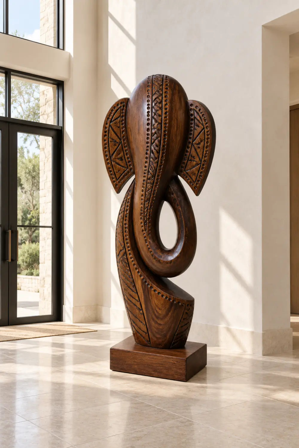 Carved Wooden Elephant Floor Sculpture | Large Standing Statue For Living Space