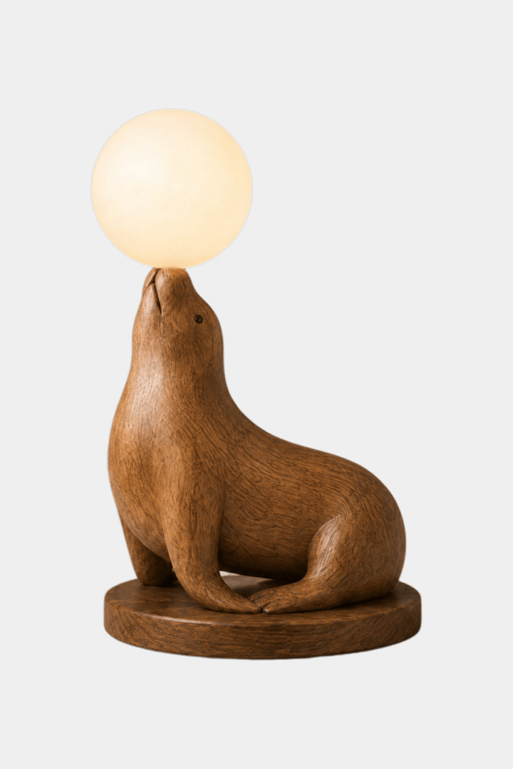 Hand Carved Wooden Seal Lamp With Glowing Orb For Modern Home Decor