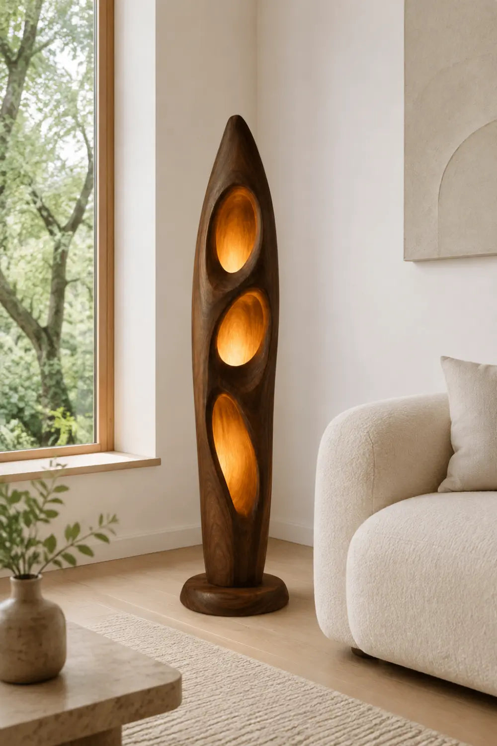 Sculptural Wood Floor Lamp With Organic Hollows And Warm Ambient Light