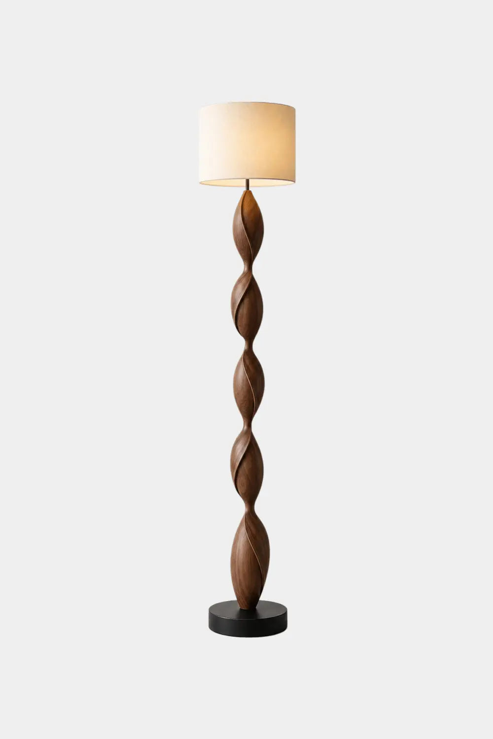 Hand Carved Walnut Wood Floor Lamp With Organic Spiral Form And Warm Glow