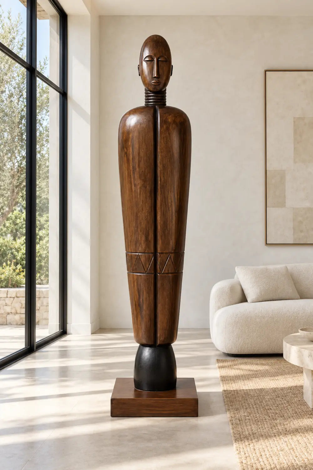 Large Freestanding Wooden Statue Vertical Abstract Human Form Art Piece For Lobby