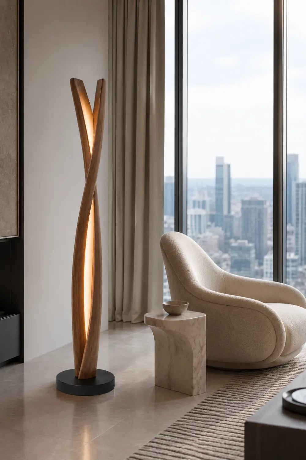 Handcrafted Wooden Sculpture Lamp Abstract Twist Design Ambient Lighting For Luxury Interiors