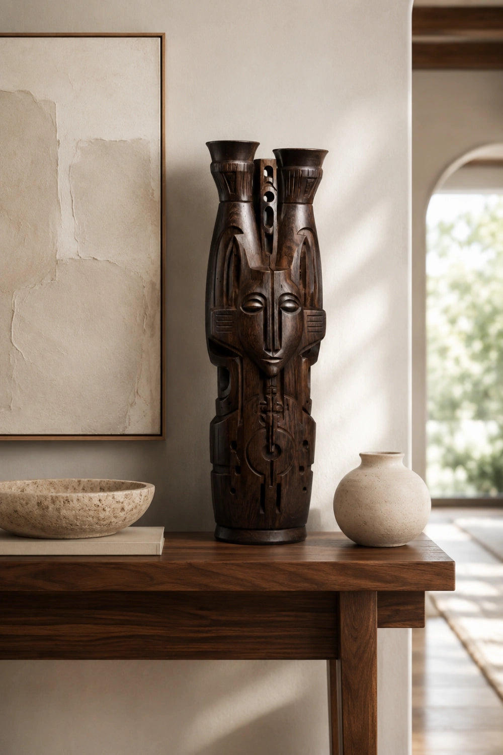 Hand-Carved African Tribal Wooden Floor Vase Large Abstract Sculpture For Modern Home Decor