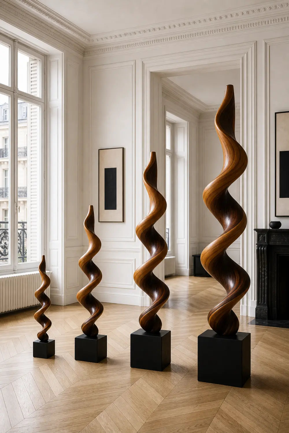 Large Hand-Carved Walnut Wood Spiral Sculpture For Modern Abstract Home Decor
