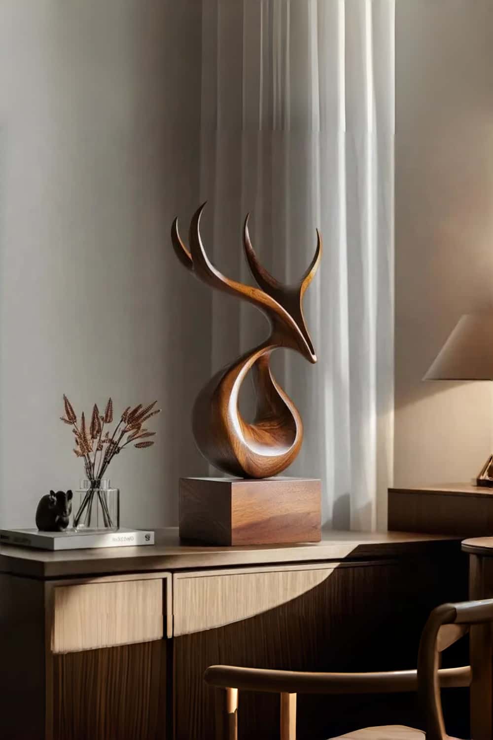 Wooden Deer Sculpture Modern Minimalist Nature Inspired Home Art Decor
