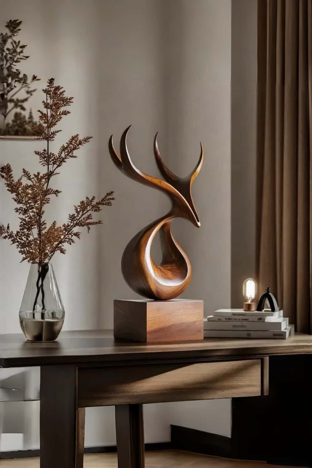 Wooden Deer Sculpture Modern Minimalist Nature Inspired Home Art Decor