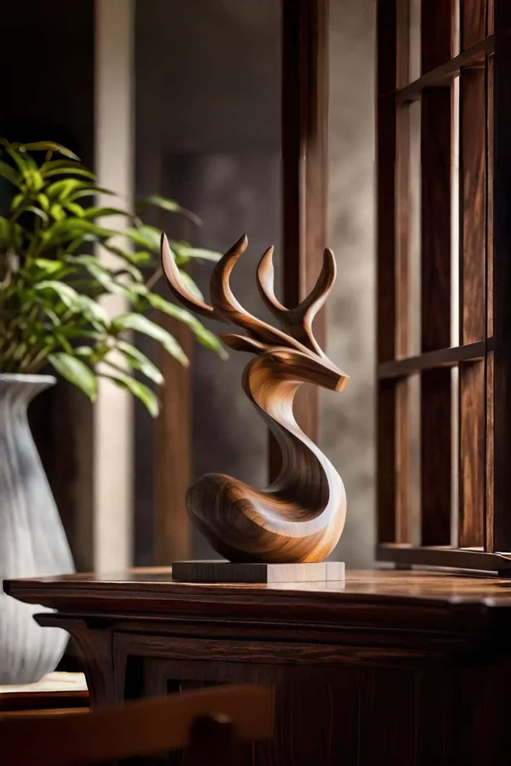 Wooden Deer Sculpture Modern Minimalist Nature Inspired Home Art Decor