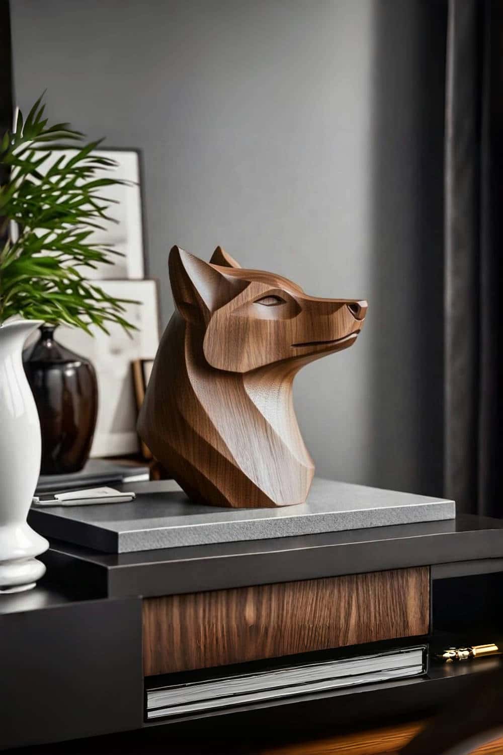 Handcrafted Wooden Wolf Head Sculpture Modern Wildlife Home Decor Art