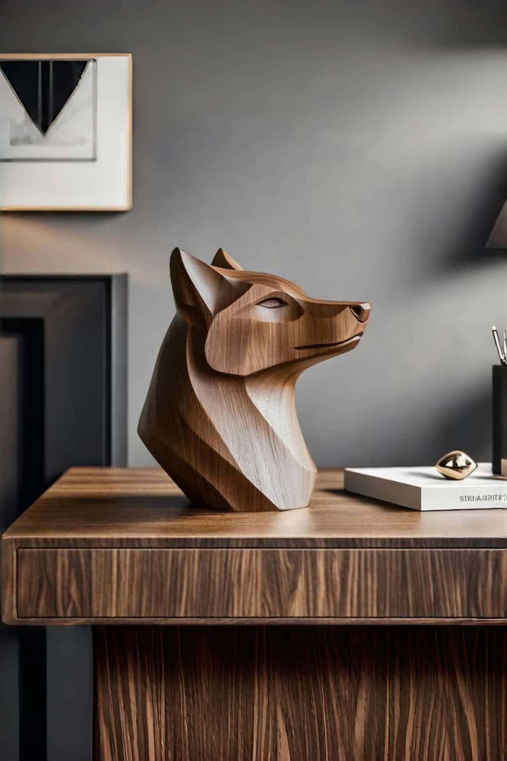 Handcrafted Wooden Wolf Head Sculpture Modern Wildlife Home Decor Art
