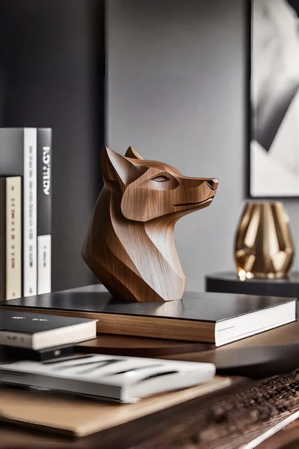 Handcrafted Wooden Wolf Head Sculpture Modern Wildlife Home Decor Art