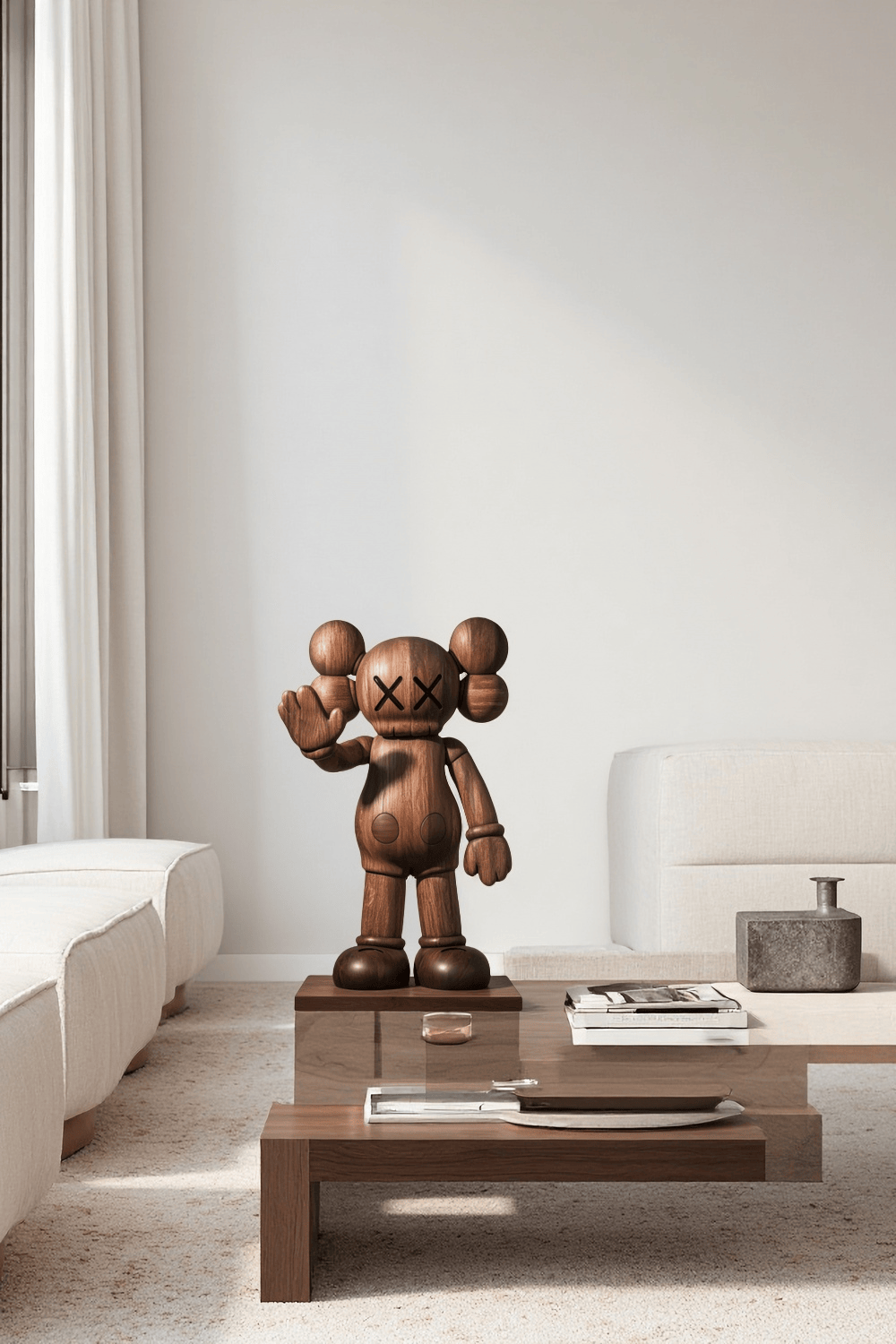 Handcrafted Wooden Kaws Style Sculpture Modern Wood Sculpture Art Decor