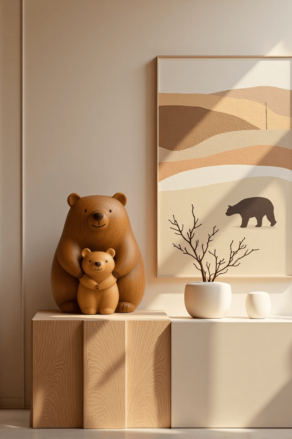 Abstract Wooden Bear Sculpture Handcarved Modern Animal Wood Sculpture