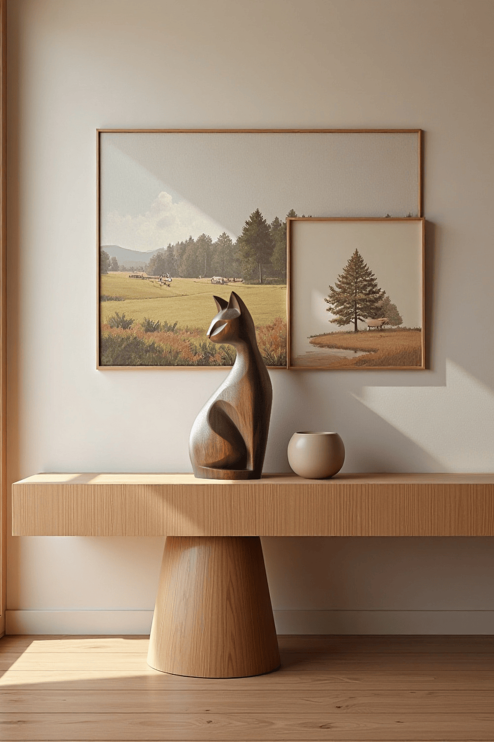 Handcrafted Wooden Cat Sculpture Modern Minimalist Home Decor Statue