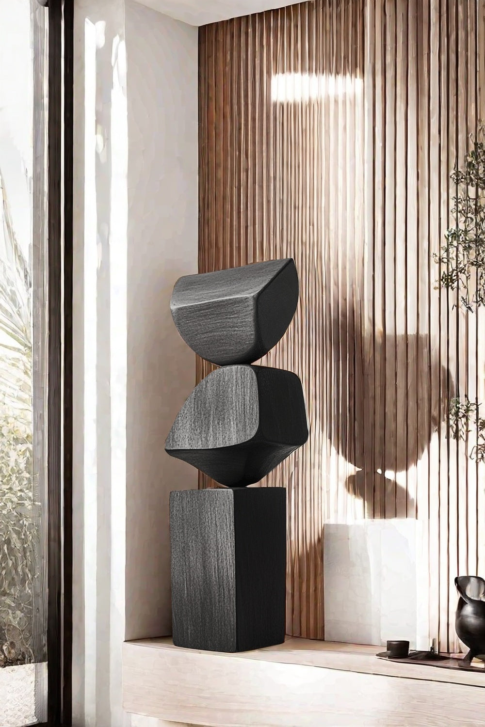 Black Geometric Fine Art Wood Sculpture Lagre Floor Standing Modern Wood Carving
