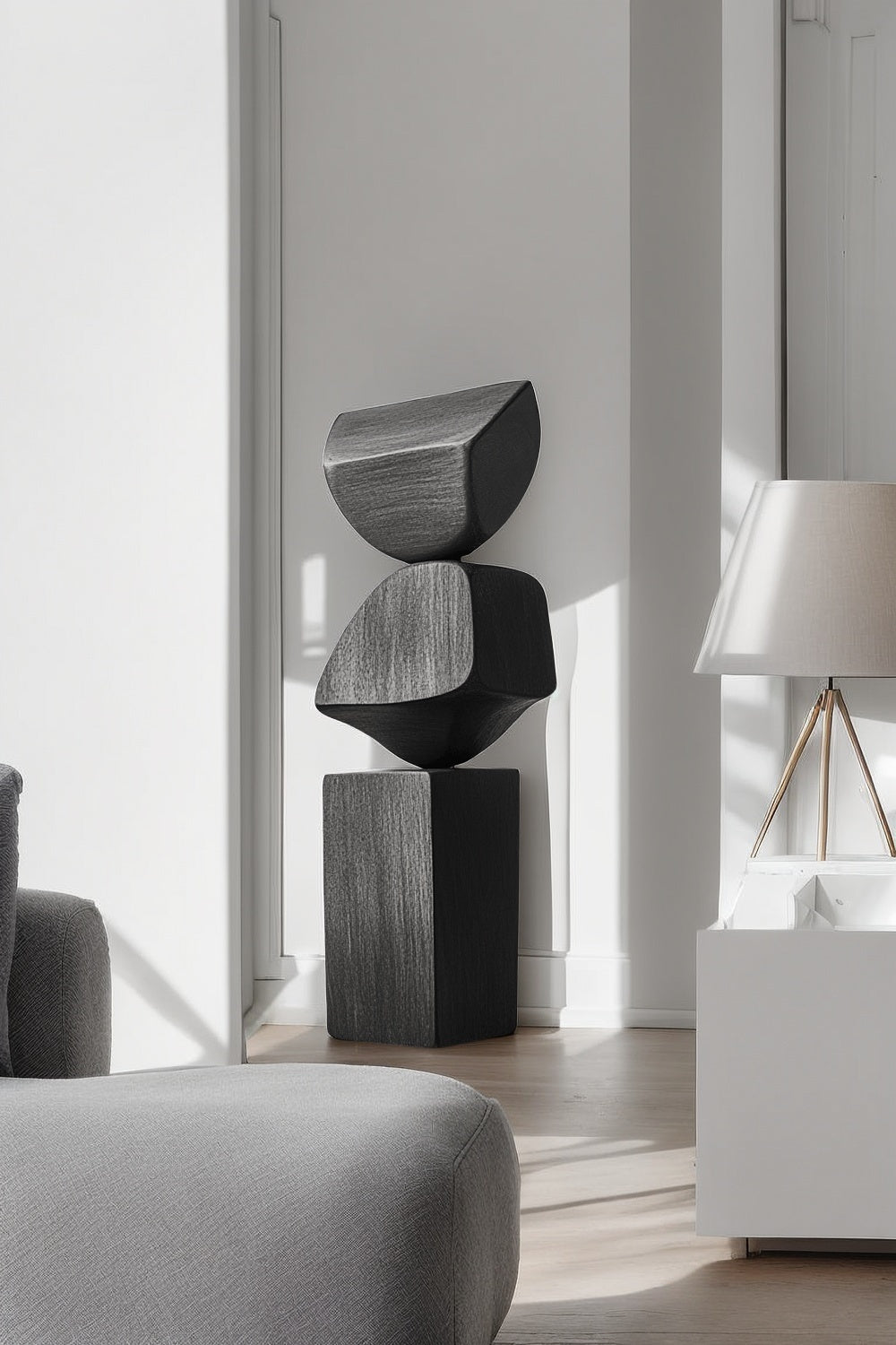 Black Geometric Fine Art Wood Sculpture Lagre Floor Standing Modern Wood Carving