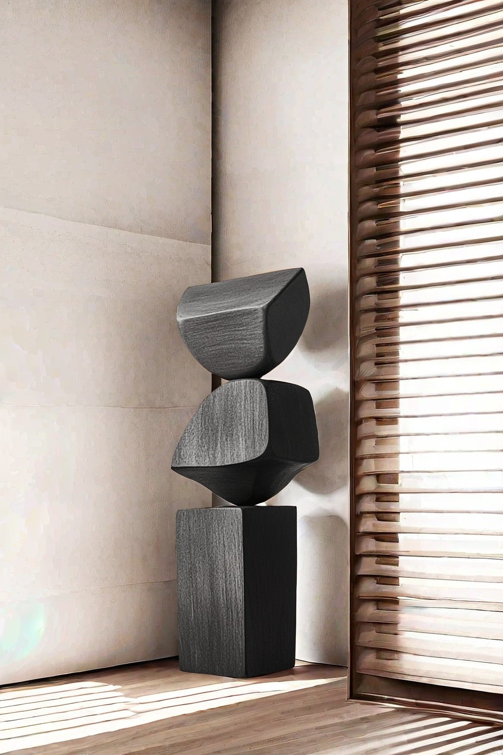 Black Geometric Fine Art Wood Sculpture Lagre Floor Standing Modern Wood Carving