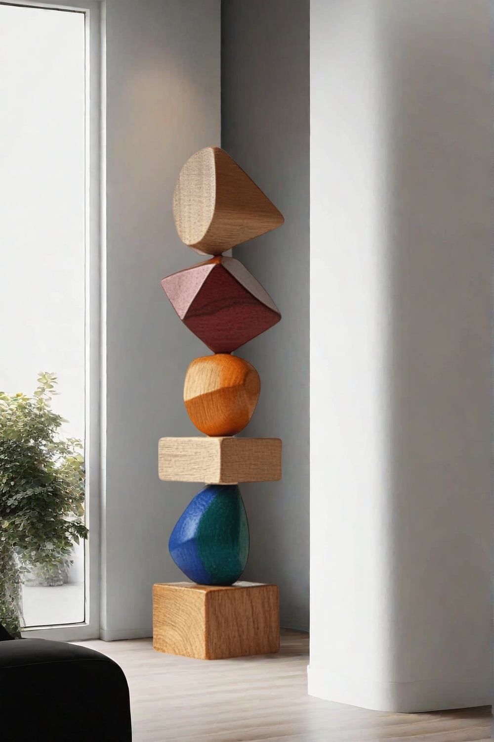 Polychrome Wood Sculpture Hand Carved Large Abstract Wooden Sculpture