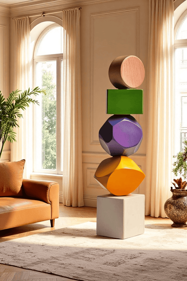 Large Colorful Minimalist Wood Sculpture Art Abstract Wooden Carving