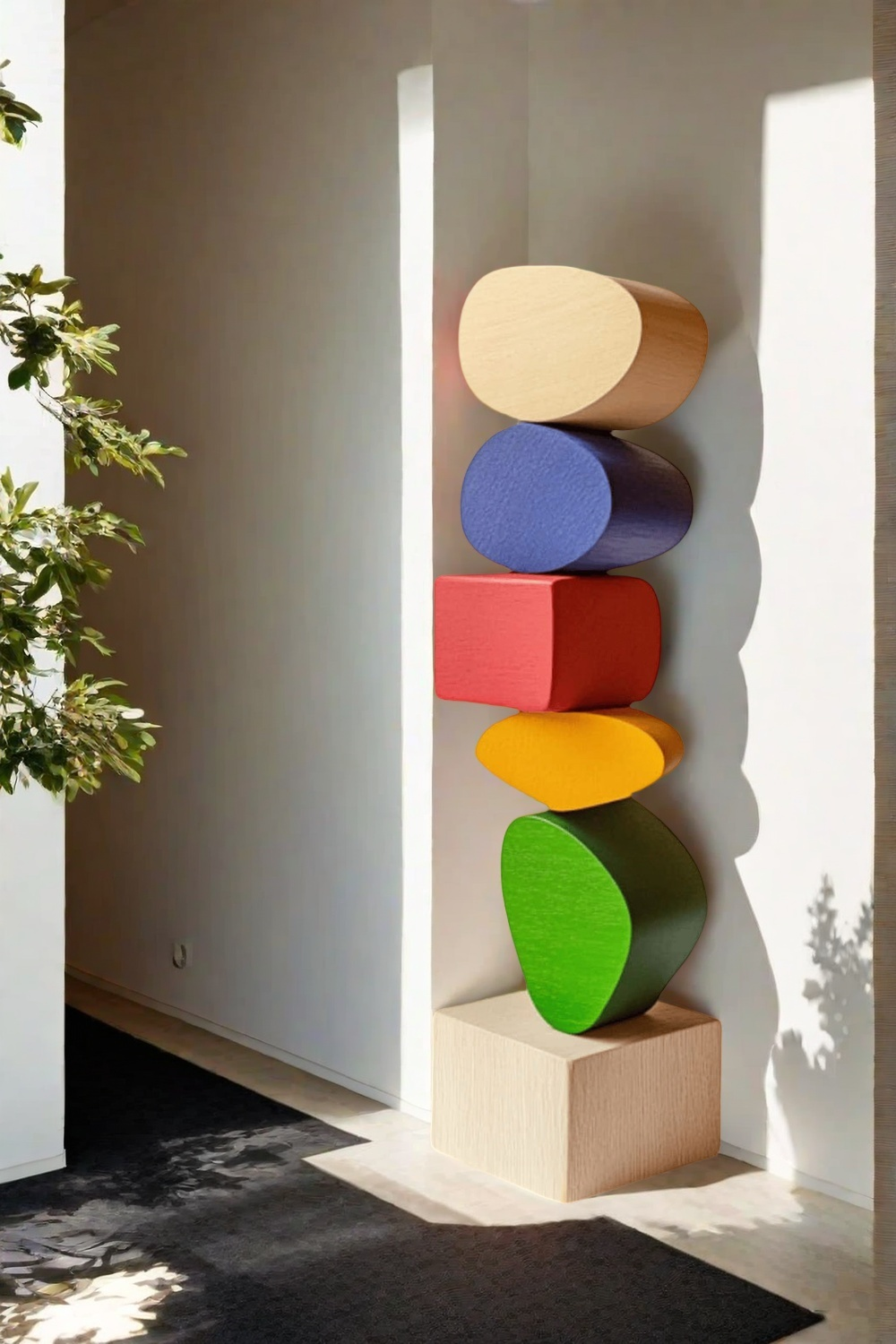Large Colorful Minimalist Wood Sculpture Art Abstract Wooden Carving