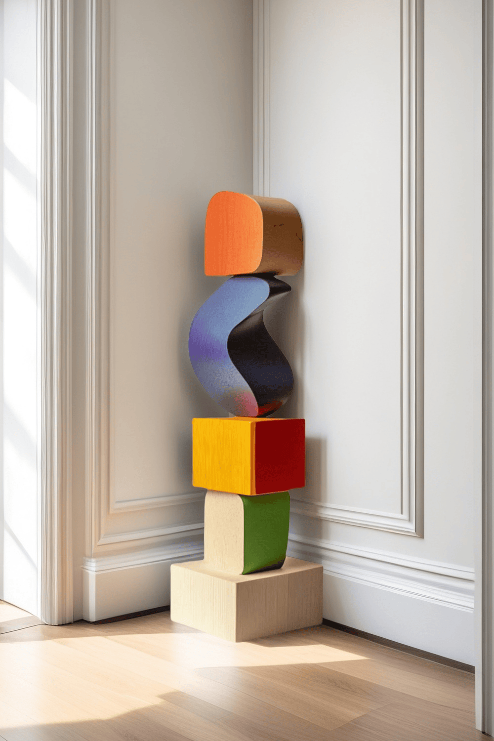 Large Colorful Minimalist Wood Sculpture Art Abstract Wooden Carving