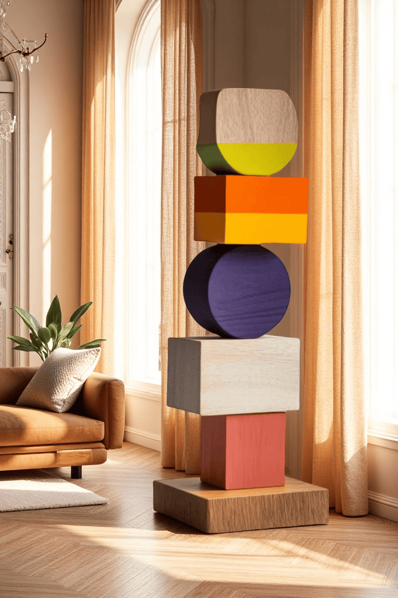 Large Colorful Minimalist Wood Sculpture Art Abstract Wooden Carving