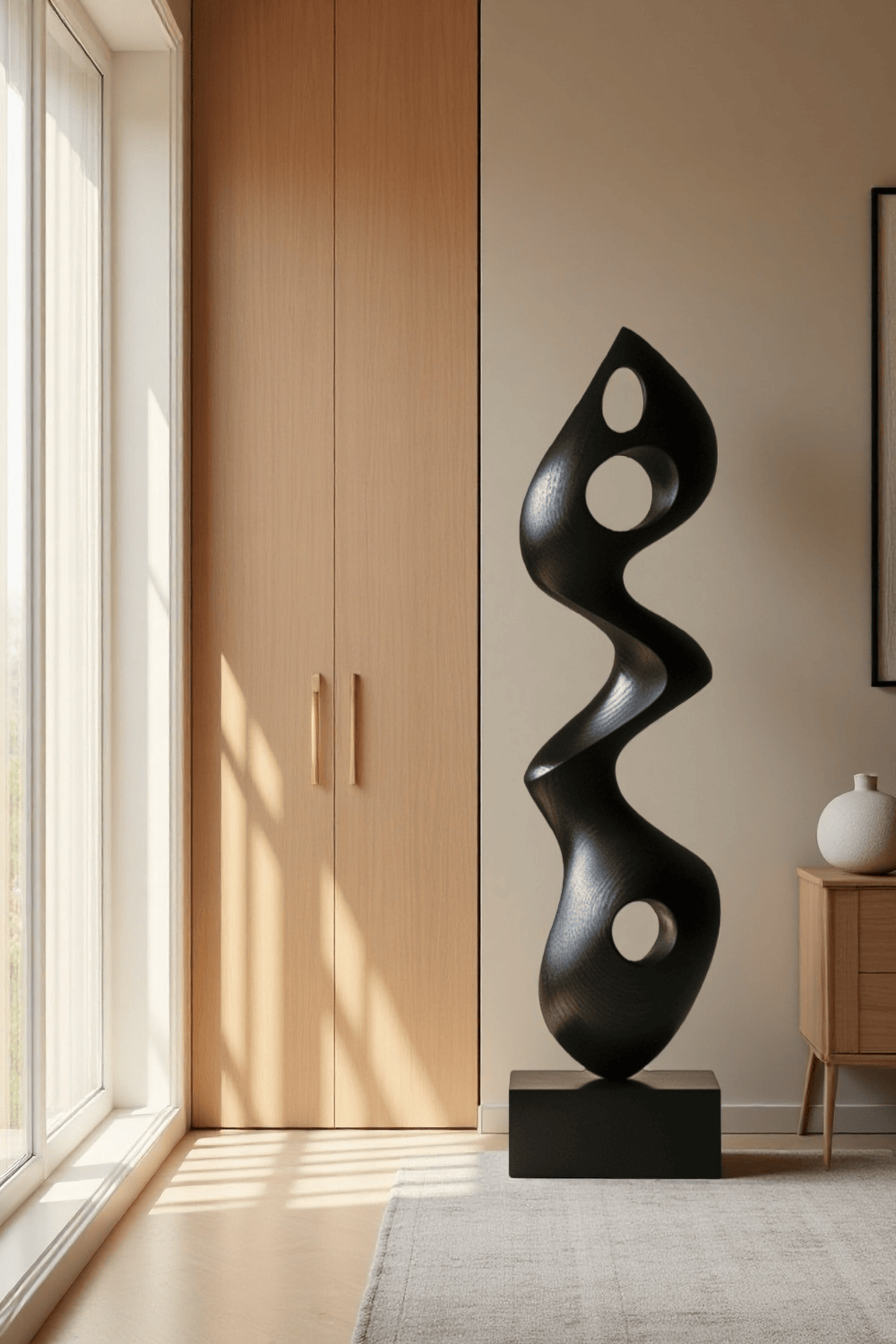 Large Modern Black Wooden Sculpture Abstract Handmade Floor Art Décor