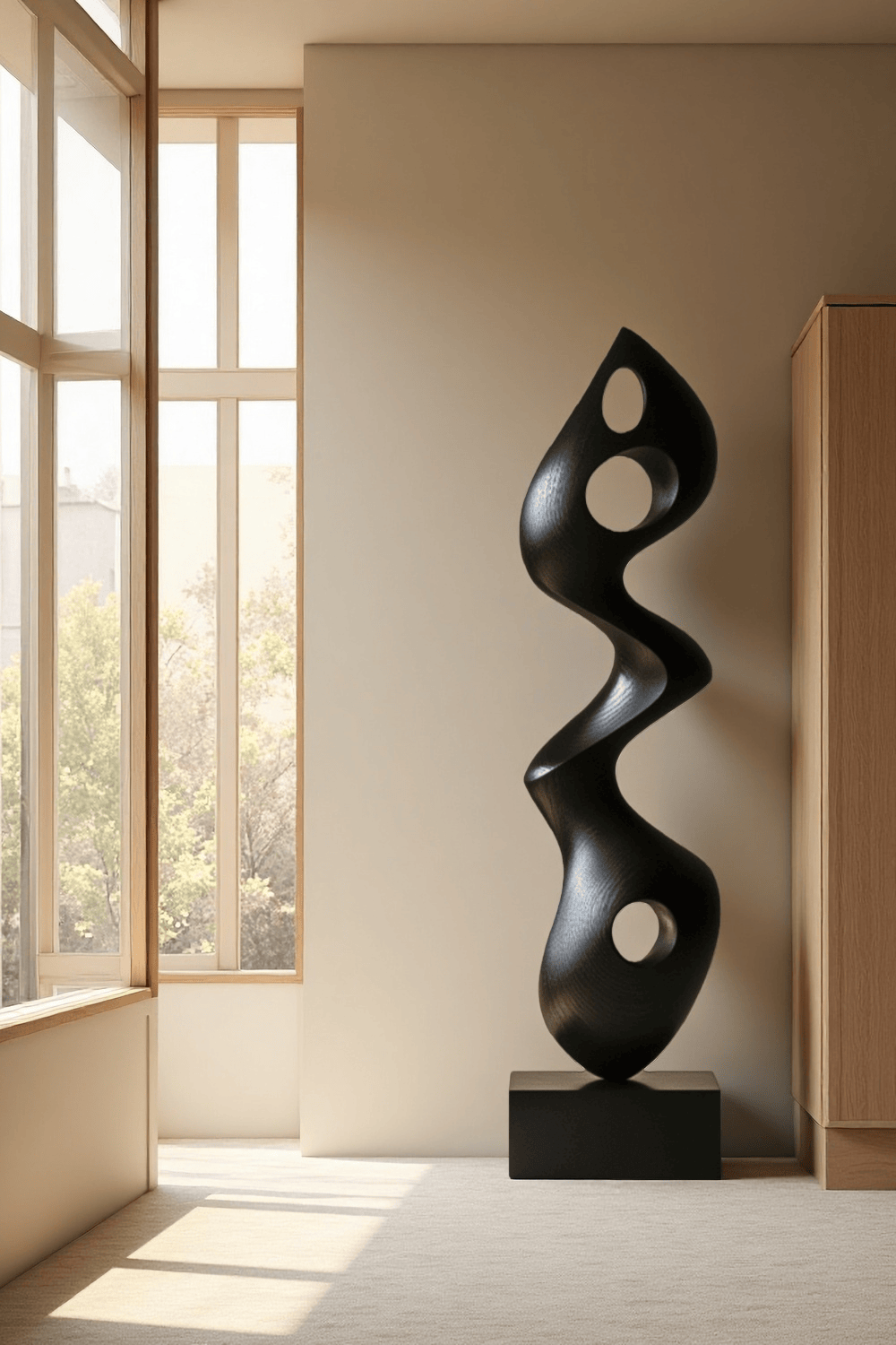 Large Modern Black Wooden Sculpture Abstract Handmade Floor Art Décor
