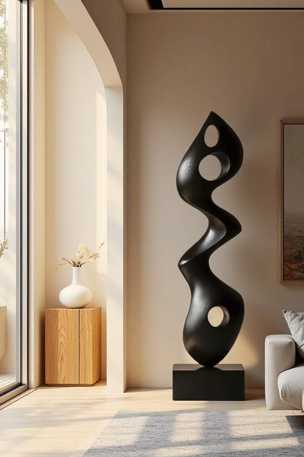 Large Modern Black Wooden Sculpture Abstract Handmade Floor Art Décor