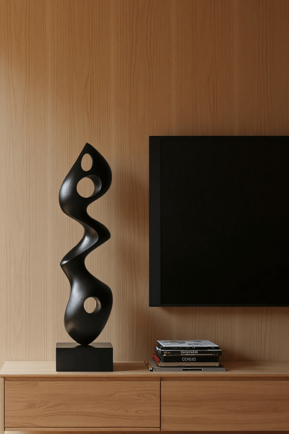 Large Modern Black Wooden Sculpture Abstract Handmade Floor Art Décor