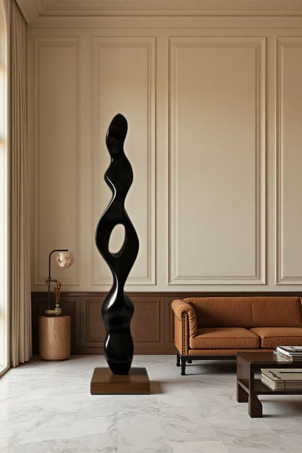Tall Abstract Black Wood Floor Sculpture Modern Standing Art for Living Room