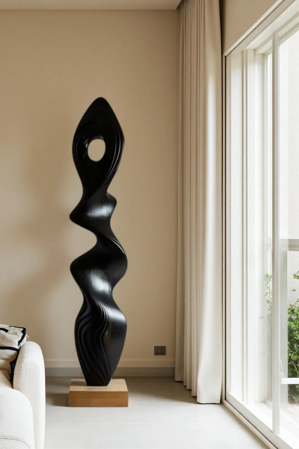 Tall Abstract Black Wood Floor Sculpture Modern Standing Art for Living Room
